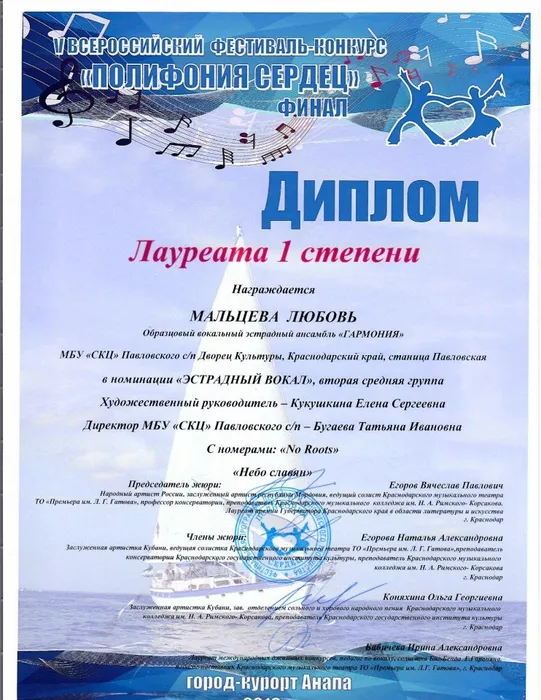 Диплом лауреата 1 степени Всероссийский Мальцева Л.